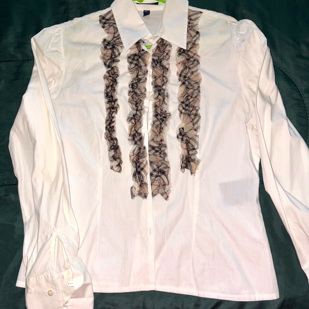 Burberry White Ruffled Notched Collar Blouse